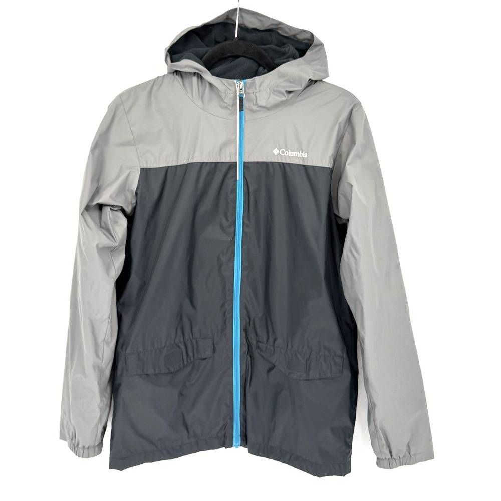Columbia Boys Rain-Zilla Jacket Fleece Lined Hooded Windbreaker Black Grey XL